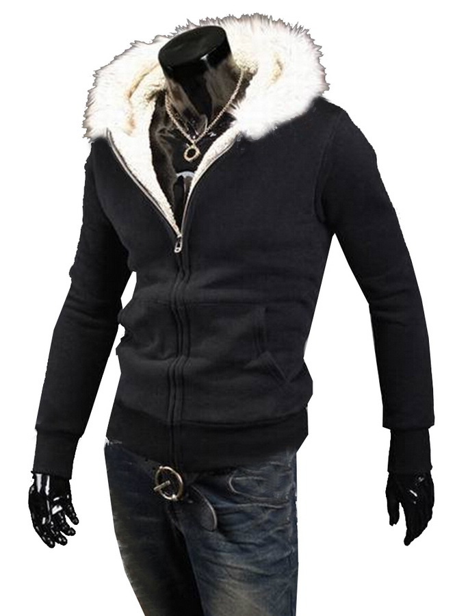 Free Shipping Alralel Men Faux Fur Hooded Zippered Fleece Thick