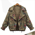 Women Jacket Coat Army Green Floral Bomber Jacket Patched Rivet Design Loose Flight Jackets Casual Coat