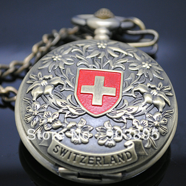 Vingtage SWITZERLAND Bronze Copper Tone hand wind skeleton Mechanical Fob Pocket Watch Mens Pendant Watch Chain