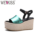 WETKISS 2017 Fashion Straw Weave Wedges Women Sandals Genuine Leather Platform Shoes High Casual Ankle Strap