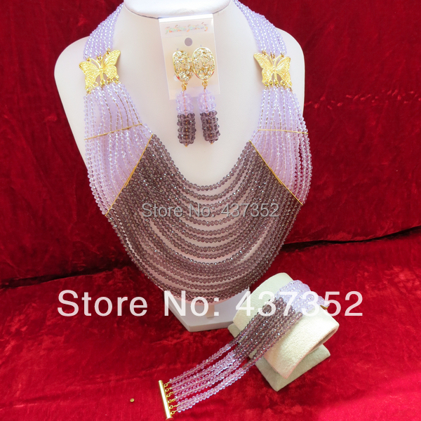 New Fashion Nigerian Wedding African Beads Jewelry set Lilac Purple Crystal Necklace Bracelet Earrings Jewelry Set CPS-445