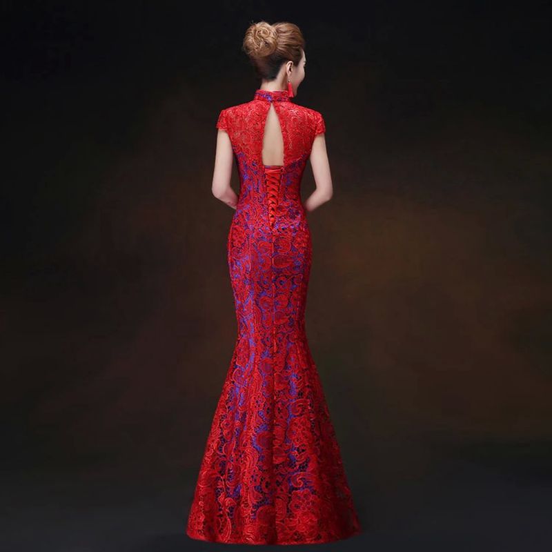 Red Lace Modern Cheongsam Dresses Sexy Backless Wedding Chinese Oriental Cheongsam Dresses 