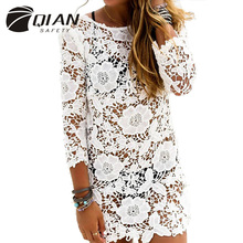 Sexy Women Crochet Lace Bikini Cover up Swimwear Casual Long Sleeve Beach Dress Sarong Tunic Off Shoulder