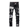 2016 Punk Mens Slim Knee Zipper Jeans Black Patchwork Letter Printing Jeans Nightclub Denim Pants P2047