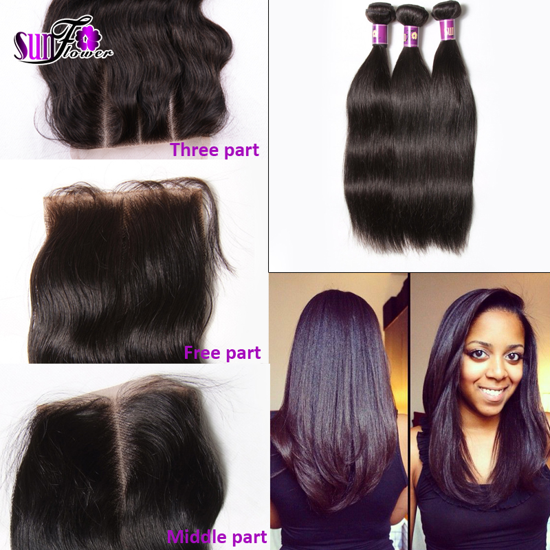 Image of 7A Malaysian straight Virgin Hair 3bundles With Lace Closure Middle/Free/3 way silk lace closure maylasian weft hair extensions