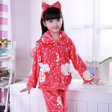 New Autumn and Winter Flannel Pajamas Female Cute Children Girl Tracksuit Pocket Rabbit Outer Leisure Pyjamas Suit for 110-152cm
