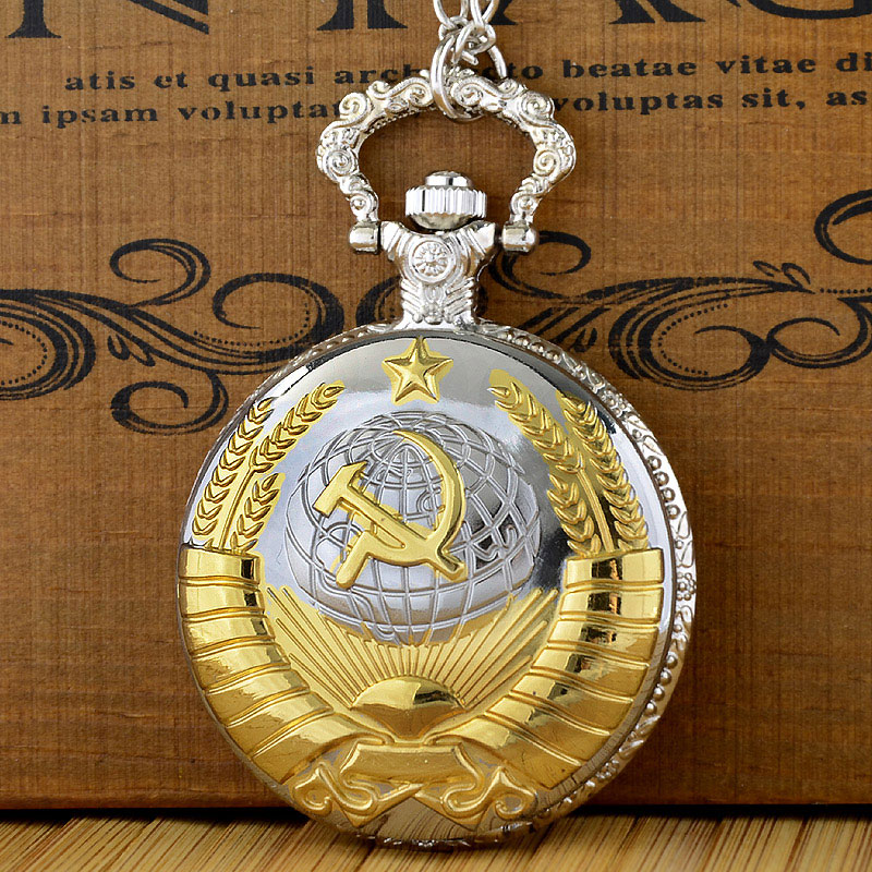 Image of Retro Soviet BOLSHEVIK Sickle hammer Quartz Pocket Watch Man Classic Vintage Antique Silver Necklace Steampunk Pendant Gift