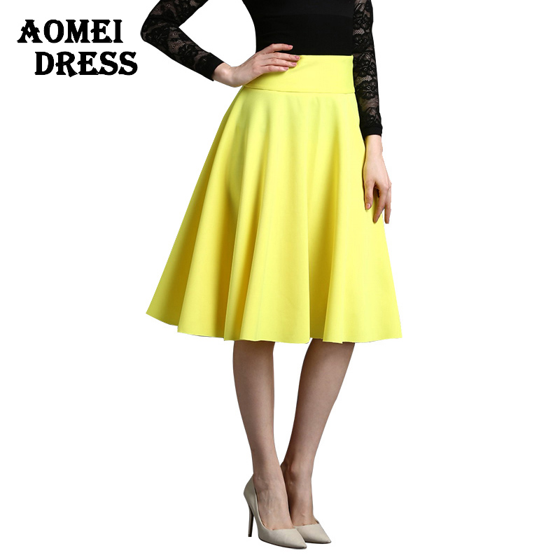 Ladies 2016 Fashion Knee length skirt Solid Yellow color High waist