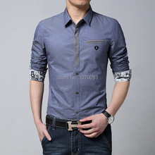 Plus Size M XXXL New 2015 Spring Brand Casual Men Shirt Long Sleeve Slim Fit Denim