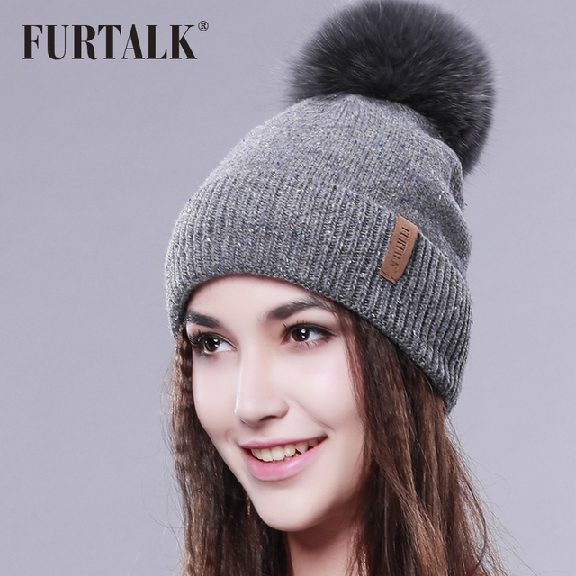 FURTALK Wool Hat Fox Fur Pom Pom Hat Women Winter Fur Hat