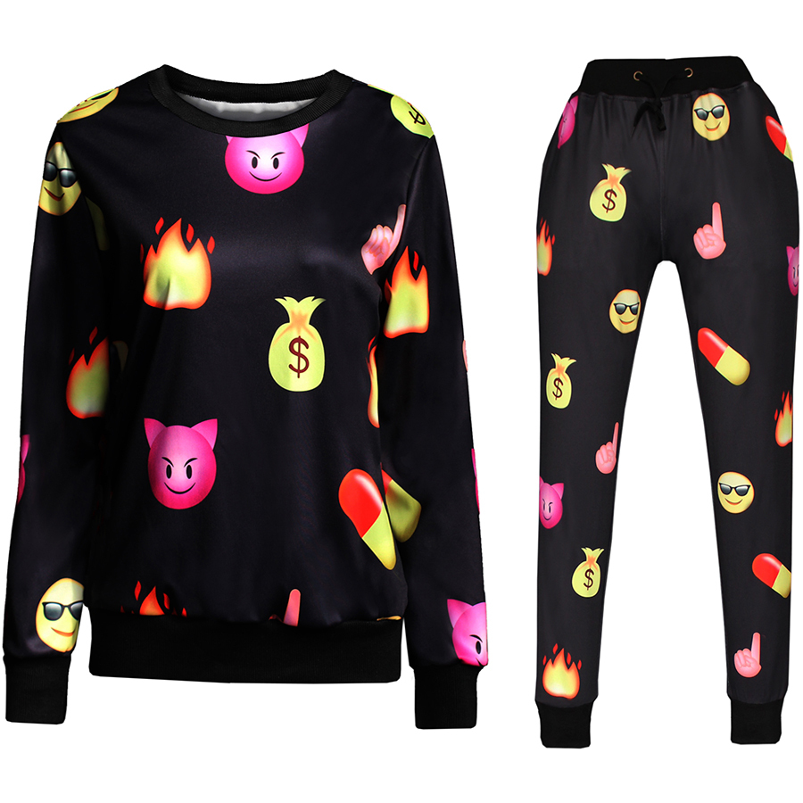 2015 New Cartoon Emoji Joggers Suits Sweat Shirts Pants 2 Piece Plus Size Womenmen Clothing 4271