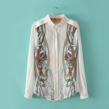2016 spring fashion star chains print faux silk stand collar shirt female Cultivate one’s morality blouse