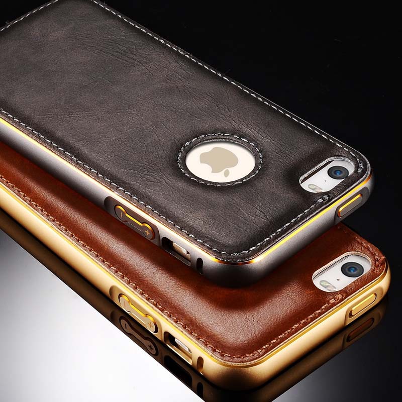 Image of Vintage Back Case For iPhone 5 / 5S Luxury PU Leather Cover + Aluminum Metal Bumper Hard Coque For Apple Brand Fundas Black Gold