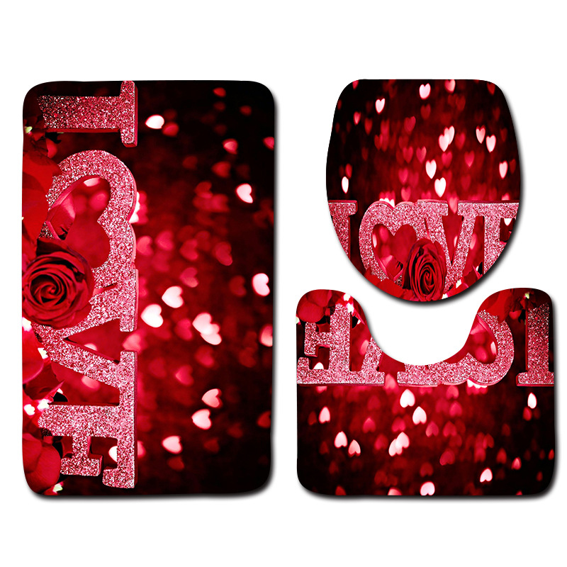 3PCS Valentine Pattern Non Slip Toilet Seat Cover Rug Bathroom Set Decor New RK