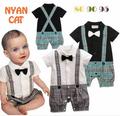 Baby boy romper infants bow strap collar gentleman Toddle sleepsuit plaid short sleeve jumpsuits kid s