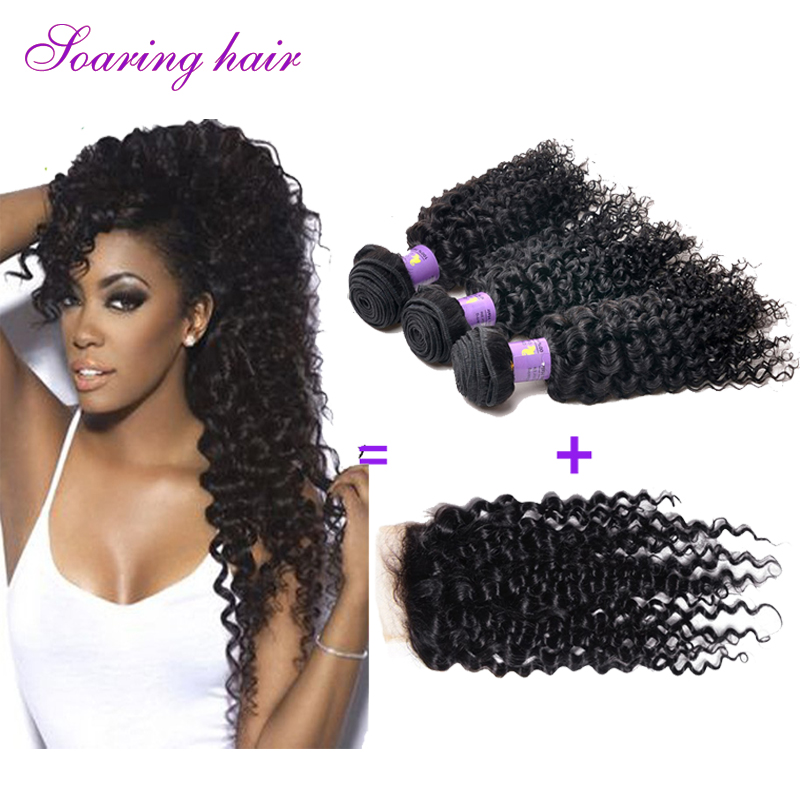 Peruvian Kinky Curly Virgin Hair With Closure 6A Unprocessed Human Virgin Peruvian Curly Hair With Closure 4pcs Free Shippping