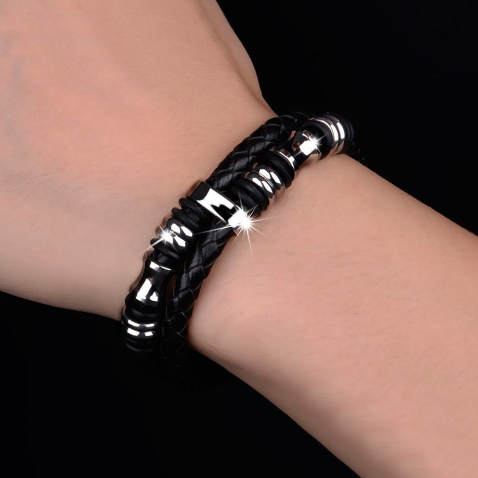 Fashion Men s Jewelry High Quality Double layer Genuine Leather Titanium Steel Magnet Bracelet Punk Rock
