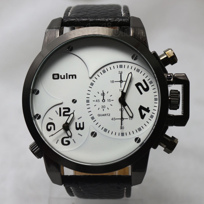 2015 Oulm Genuine Leather New Fashion Men Sport Watch Two Time Zone Watch Men s Quartz