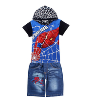 spiderman boys clothing set 2015 summer kids short sleeve tops tees t shirt denim jean clothes