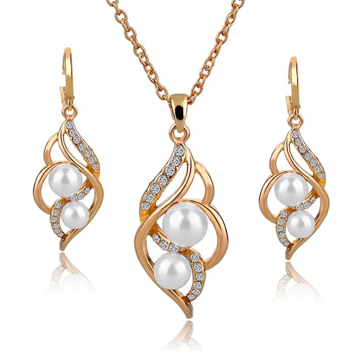 Image of Fashion Double Simulated Pearl Jewelry Set Gold Silver Plated Earrings Necklace Set Crystal Wedding Accessories SET140024