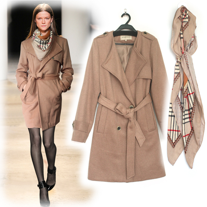 Free  2014 Runway Shipping Shining With Chains Luxury OrangeTun-down Collar Covered Button Casual  Wool  Fall&Winter Coat
