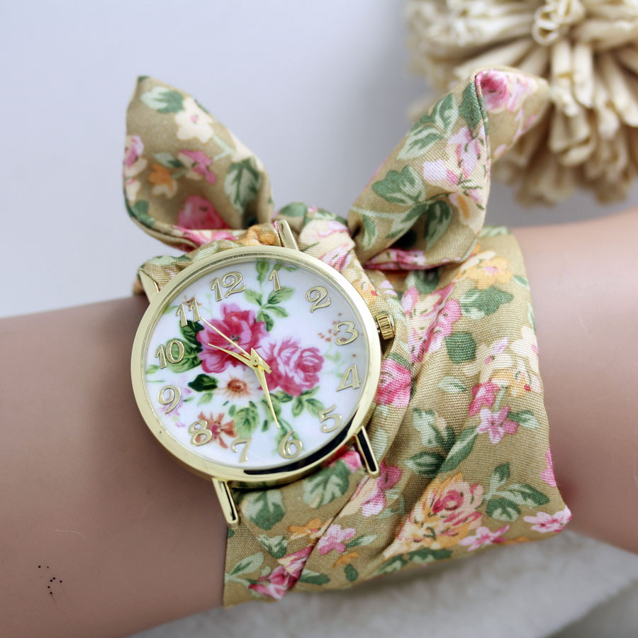2015 New design Ladies flower cloth wrist watch gold fashion women dress watches high quality fabric