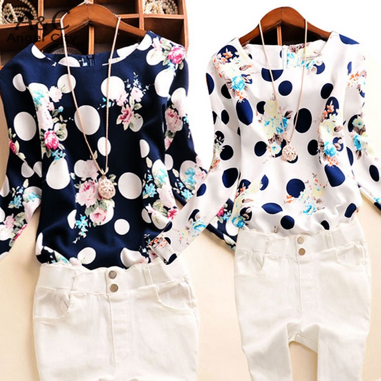 Image of M-4XL!! Spring Summer 2015 Lady Women Polka Dot Floral Printed O-Neck Long Sleeve Roll-up Cuffs Tops Blouses 36