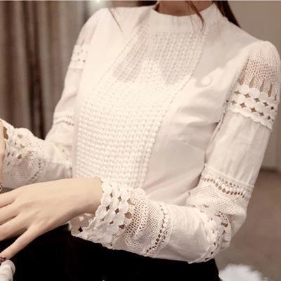 Image of High Quality Spring Autumn Women's Shirts Long-sleeved Blouses Slim Basic Tops Hollow Lace Shirts For Female J2531