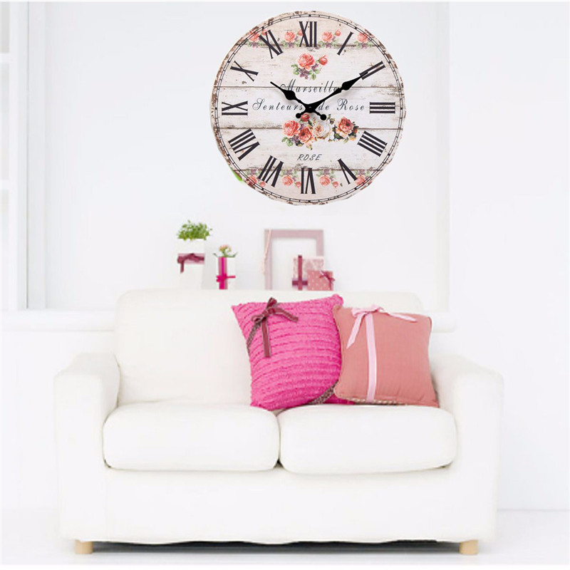 New Arrival High Quality European Style Rose Vintage Round Wood Wall Clock Office Home Living Room Decor free shipping