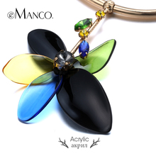 Acrylic flower pendant leather cord necklace eManco 2015 spring new arrival women crystal zinc alloy necklace