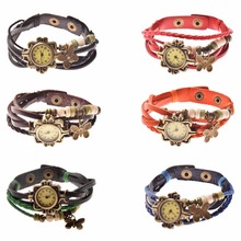 Lackingone 2015  New Fashion relogio feminino leather  women Vintage Hand Knit bracelet watch butterfly pendant quartz watches