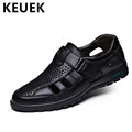 Classics Men Sandals Cow Split leather Cut Outs Breathable Dress shoes Hook Loop Summer Flats Male