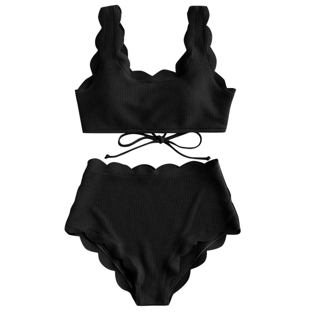 Women Two Piece Bathing Suit One Shoulder Scalloped Bikini Knit UV Tankini Swimsuit Swimwear