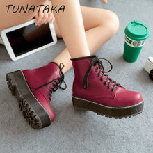 New Platform Ankle Boots Women Fashion Round Toe Boots Large Size 34-43 Shoes Lace-up Female Bootes