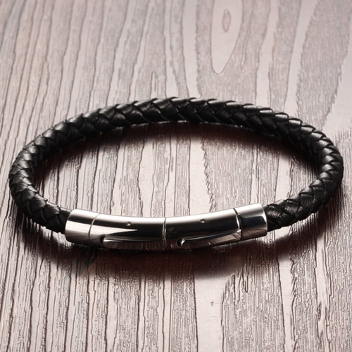 Wholesale 2015 New Fashion Popular Jewelry Mens Stainless Steel Black Leather Bracelets Man Hand Chain Vintage