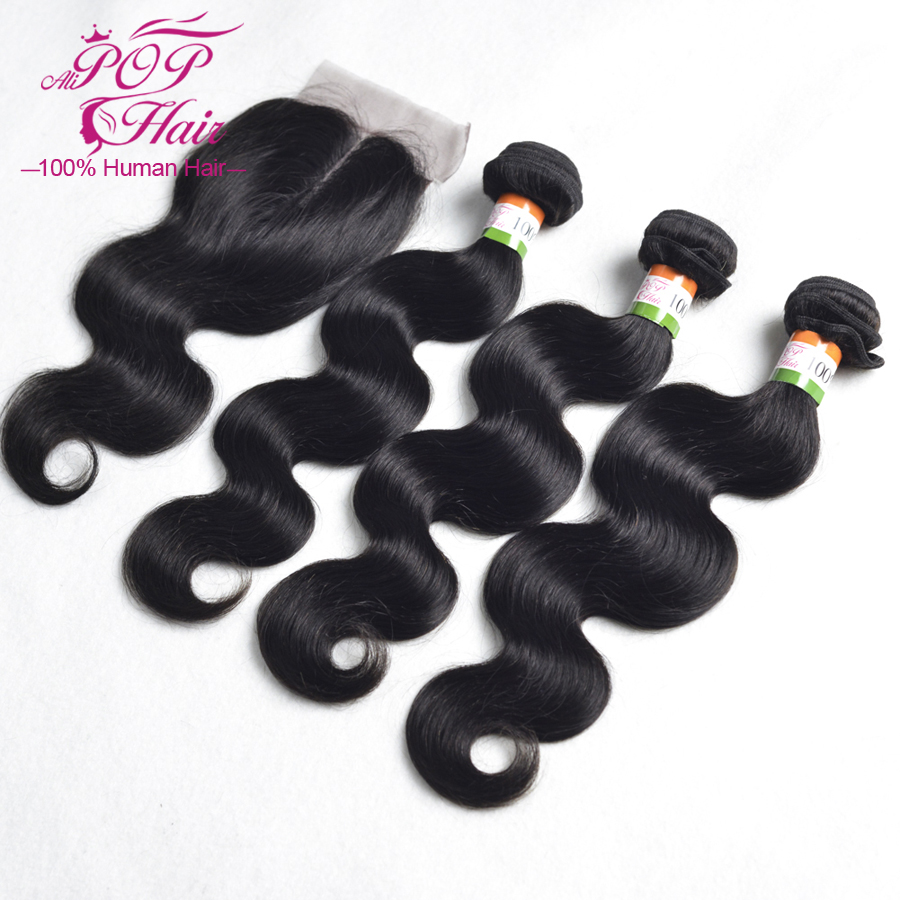 Image of Brazilian virgin hair with closure,human hair bundles with lace closures 4x4" size 3 bundles with closure 100% human hair weave
