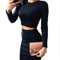 Women Two pieces set Dress Long Sleeve Dresses Bodycon Crop Top Midi Skirt Set Clubwear Party