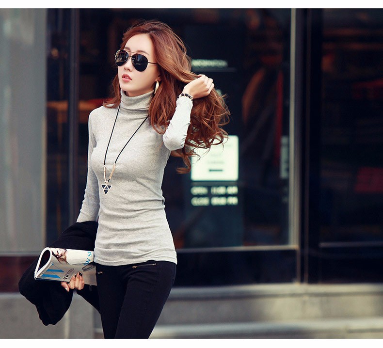 Spring Autumn Winter Fashion Turtleneck Tops Long Sleeve Cotton T Shirt Slim Casual t-shirt women 2016 Basic Tees Shirts A550 c