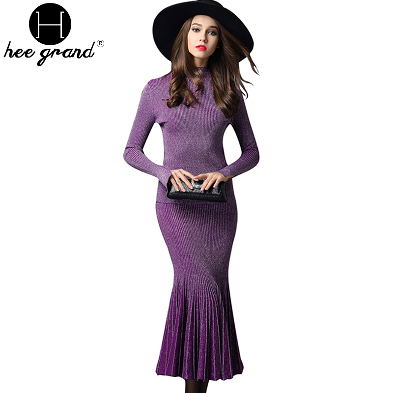 2016 New Fashion Purple Split Sleeve Casual Sweater + Long Knitted Pleated Mermaid Skirt Women Set TAT718