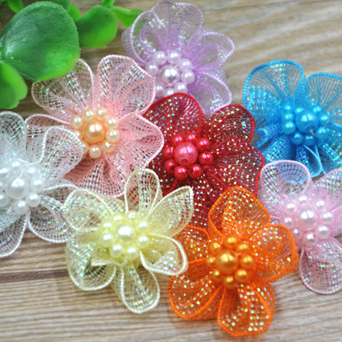 Image of 10 pcs U pick Organza Ribbon Flowers Bows w/Beads Appliques Wedding Craft A011