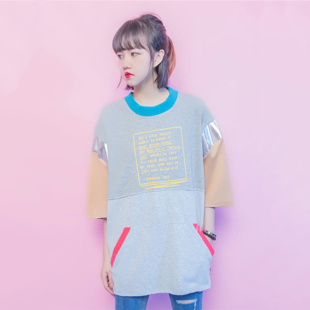 Японский Стиль Harajuku Футболку Femme Карманы Кожа PU Лоскутное Моды Футболка Для Женщин Ulzzang Стиляги-Большой Размер Рубашки