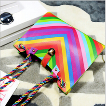2015 New Women Rainbow Chain Color Bag Ladies Rivet Leather Crossbody Shoulder Bag Brand Party Bags