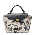 Vintage Jacquard Women Bears Embroidered Handbag All match Succinct Flap Hand Bag Ladies PU Fabric Splicing