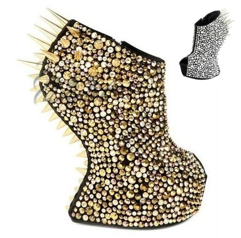 Brand new fashion bling bling gold silver crystal wedge ankle boots irregular high heel back rivets amazing rhinestone pumps