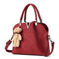 Fashion Lovely Plush Bear Decoration Tote Bags PU Leather Plaid Handbags V Word Shell Thread Women