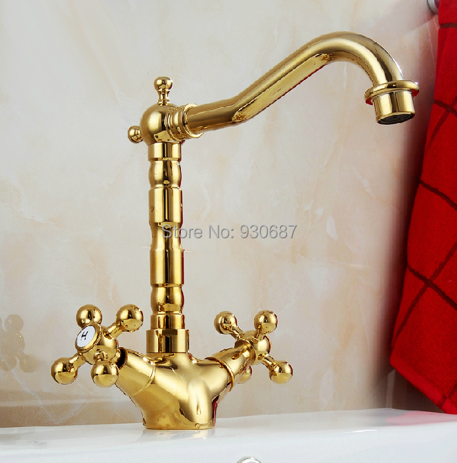 Gold Plate Basin Vessel Sink Faucet Dual Handles Deck Mount Mixer Tap