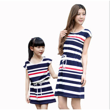 Authentic Mother Daughter Dresses 2016 Striped Dress for Girls and Women Summer Cotton Dress Girls Vestidos Family Clothing mu13