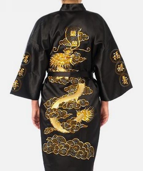 Navy Blue Chinese Women's Silk Satin Robe Embroidery Kimono Bath Gown Dragon S M L XL XXL XXXL S0008