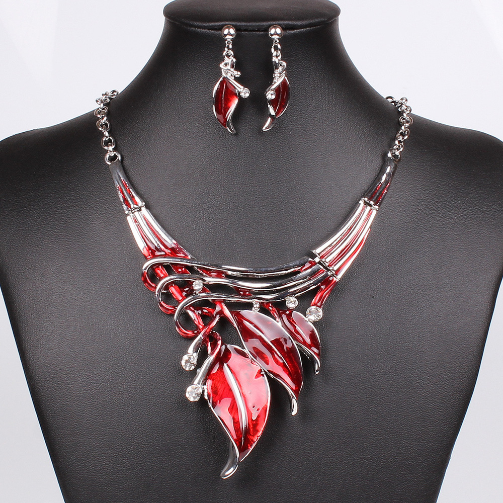 Image of 2016 Red Jewelry Sets Enamel Jewelry statement Necklace And Earring Set Crystal Jewelry Set Fashion Leaves Nickel Free