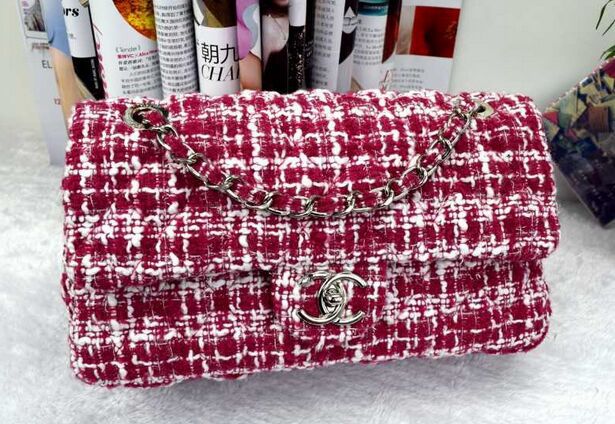 The New Wine Red Plaid Wool chain bag high grade composite Tweed Fabric handbags ladies bag